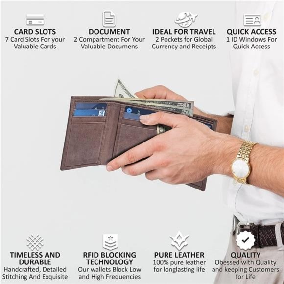 Men's RFID Slim Tri Fold Wallets Real Leather, Brown - Picture 3 of 7